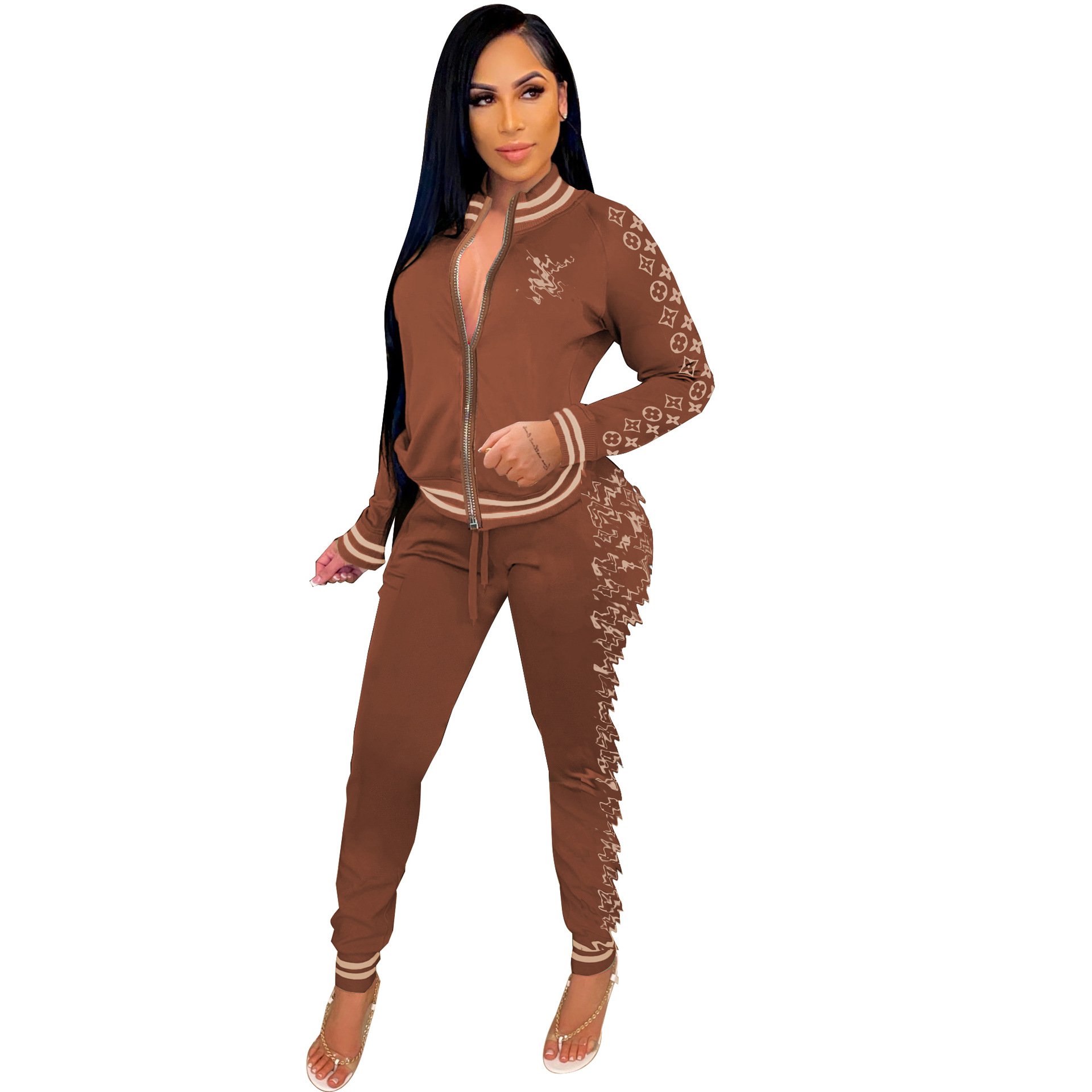 Designer famous brand clothing long sleeve print custom oversized Jacket long pants sets women