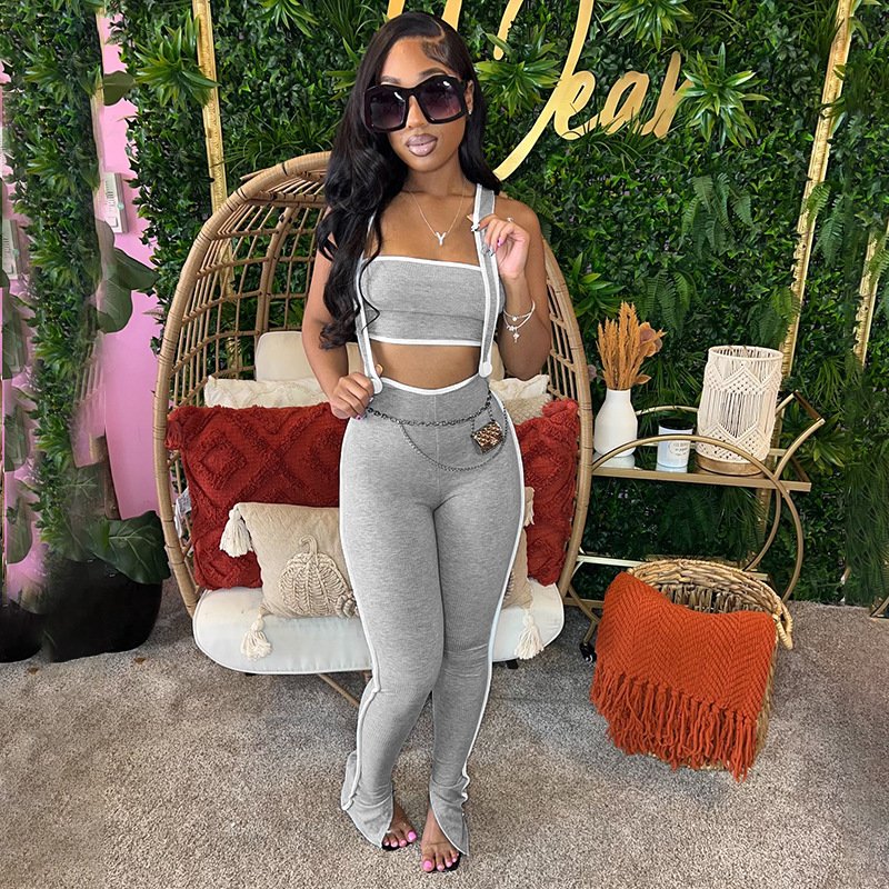 Ribbed Women's sets Athletic Wear Patchwork Streetwear Jumpsuit With Tube Top 2 Piece Tweed Set Women Summer