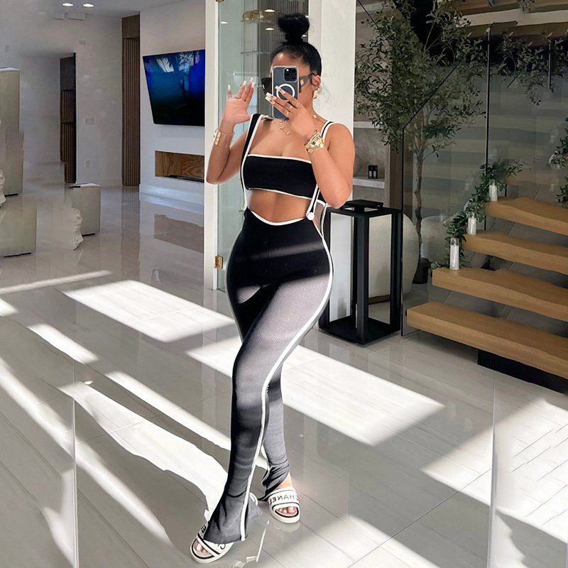 Ribbed Women's sets Athletic Wear Patchwork Streetwear Jumpsuit With Tube Top 2 Piece Tweed Set Women Summer
