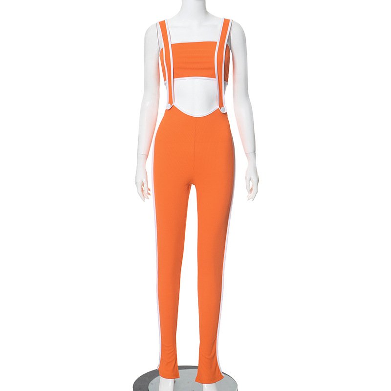 Ribbed Women's sets Athletic Wear Patchwork Streetwear Jumpsuit With Tube Top 2 Piece Tweed Set Women Summer