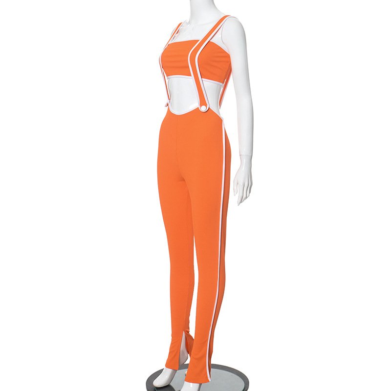 Ribbed Women's sets Athletic Wear Patchwork Streetwear Jumpsuit With Tube Top 2 Piece Tweed Set Women Summer