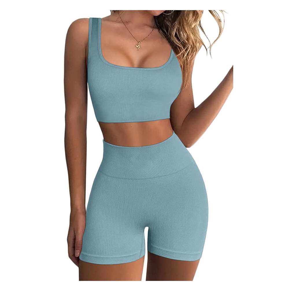 Alfa 2 Piece Gym Fitness Yoga Wear Sets Seamless Ribbed Crop Tank High Waist Shorts Yoga Outfits Workout Calzas Mujer Leggins