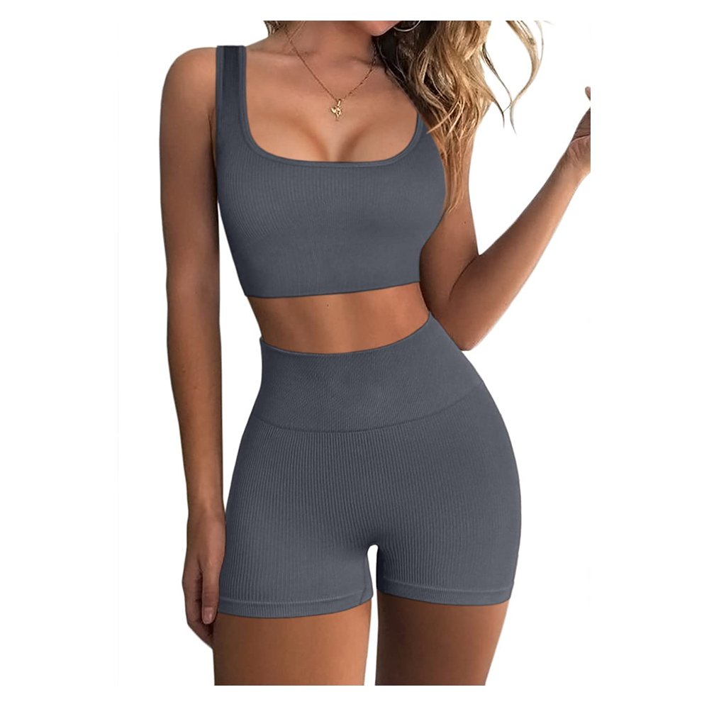 Alfa 2 Piece Gym Fitness Yoga Wear Sets Seamless Ribbed Crop Tank High Waist Shorts Yoga Outfits Workout Calzas Mujer Leggins