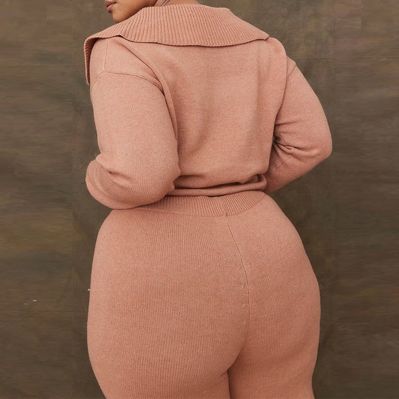 Plus Size Women's Sweater Sets Luxury OEM Sweater Solid Color Lapel Long Sleeve Knitted Two Piece Sweater Set For Women