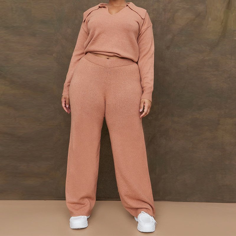 Plus Size Women's Sweater Sets Luxury OEM Sweater Solid Color Lapel Long Sleeve Knitted Two Piece Sweater Set For Women