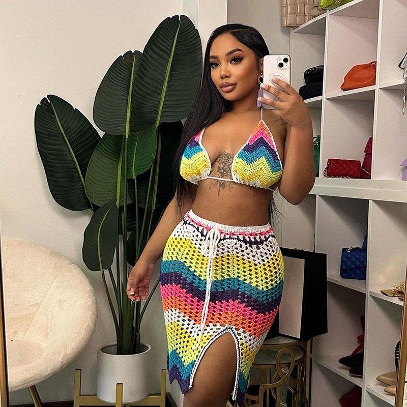 Peeqi W23J30367 fashion 2024 new summer women clothing knit halter top outfits designer skirt set 2 piece set women women's sets