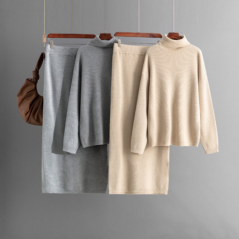 Boutique Wholesale 2024 Autumn New Fashion Pullover Sweater Solid Color Knitted Skirt Women's Set