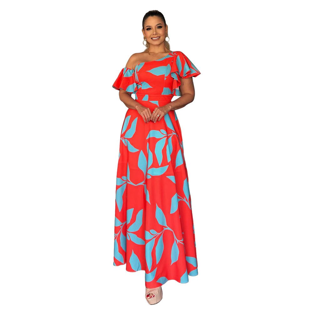 European American Solid Pattern Bevelled Off-the-Shoulder Dress Ruffled Sleeves V-Neck Collar Pleated Decoration Short Spring