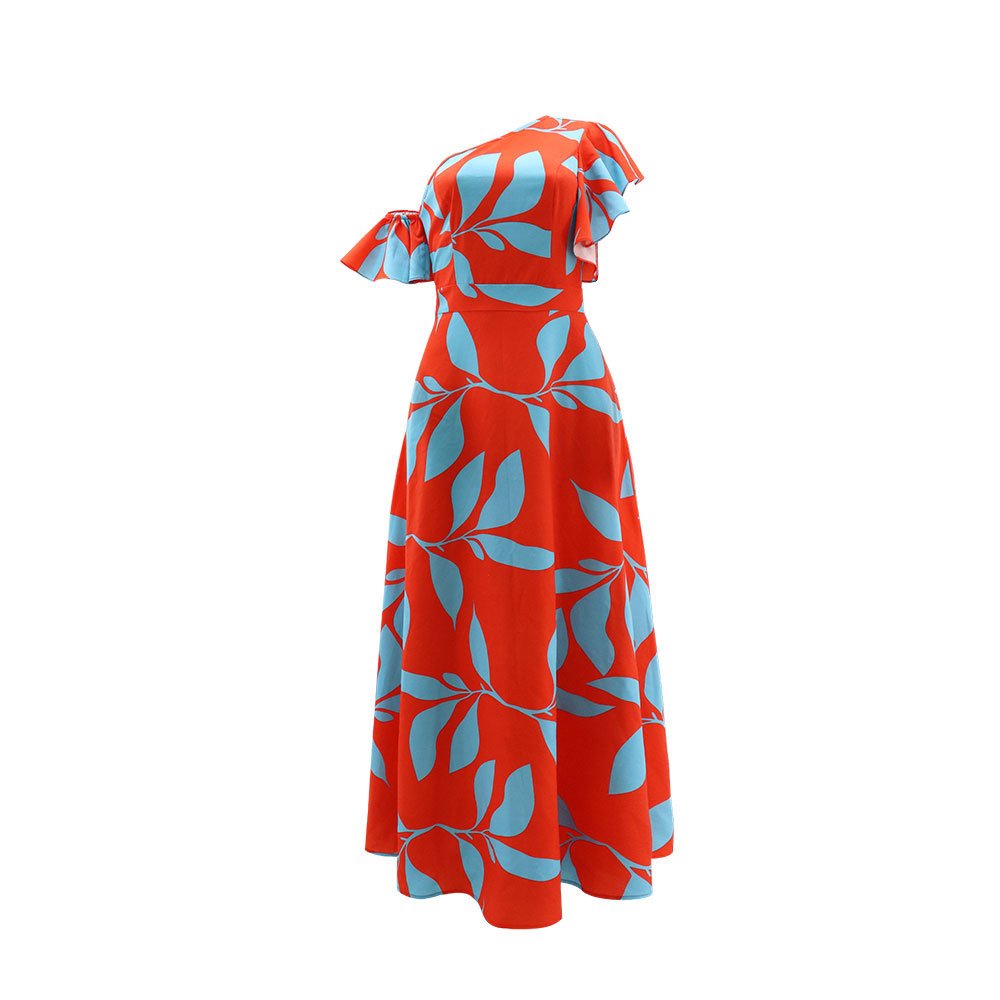 European American Solid Pattern Bevelled Off-the-Shoulder Dress Ruffled Sleeves V-Neck Collar Pleated Decoration Short Spring