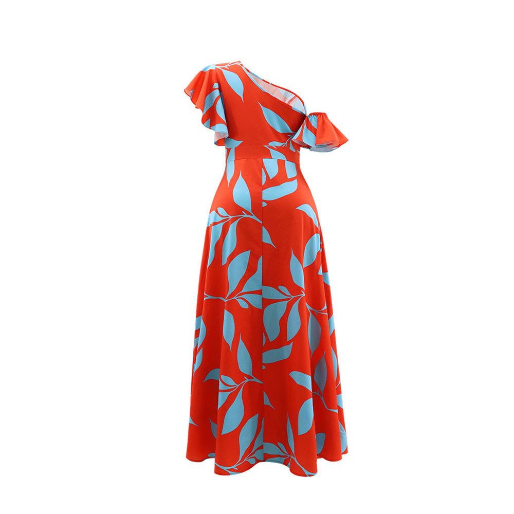 European American Solid Pattern Bevelled Off-the-Shoulder Dress Ruffled Sleeves V-Neck Collar Pleated Decoration Short Spring