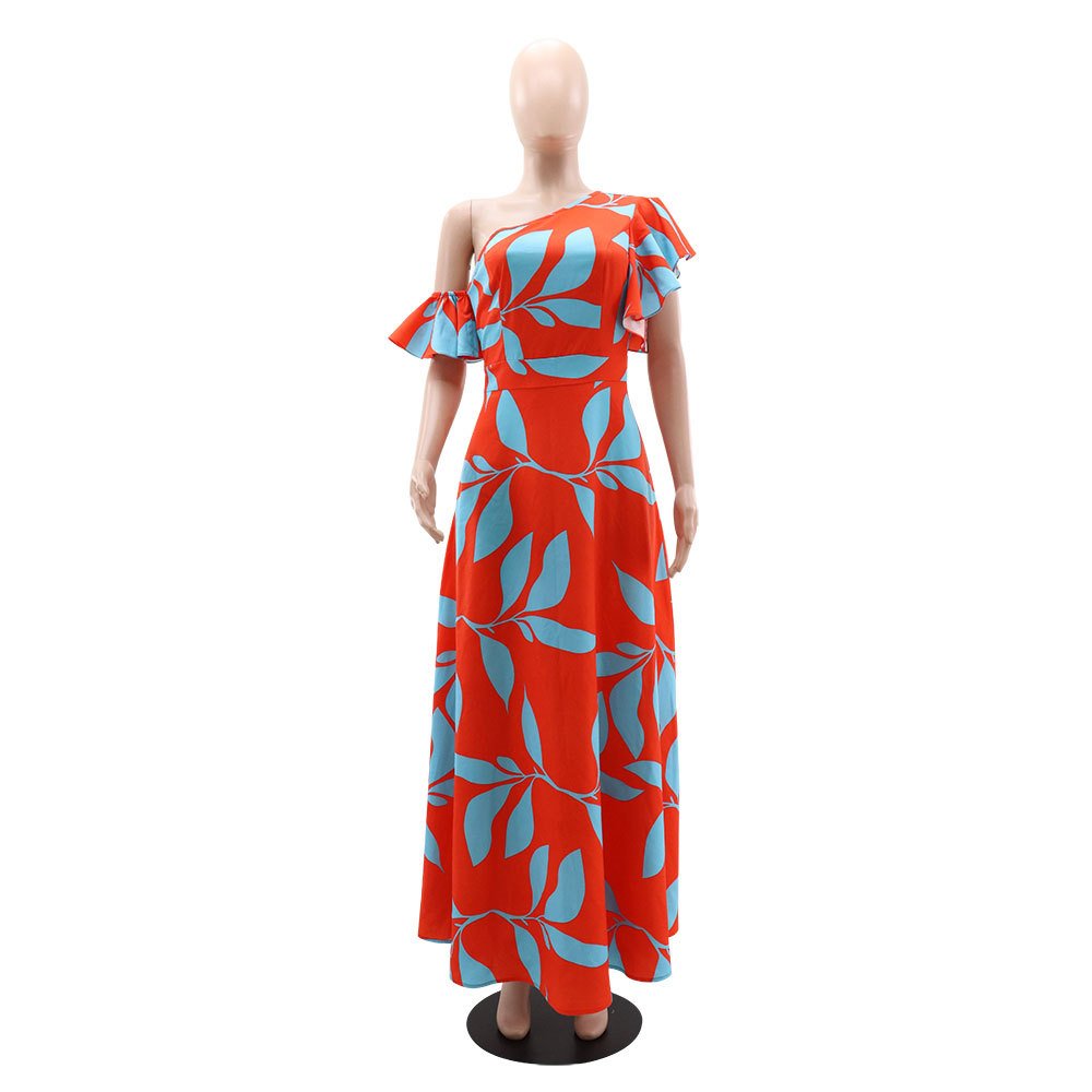 European American Solid Pattern Bevelled Off-the-Shoulder Dress Ruffled Sleeves V-Neck Collar Pleated Decoration Short Spring
