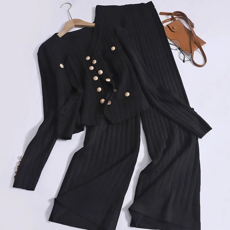 2024 Autumn New Single breasted Cardigan Vest Fashion Casual High Waist Pit Pattern Pants Women's Set