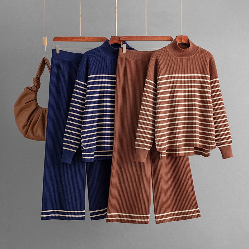 Boutique Wholesale 2024 Autumn New Fashion Striped Slit Long Sleeved Knitted Shirt Wide Leg Pants Women's Set