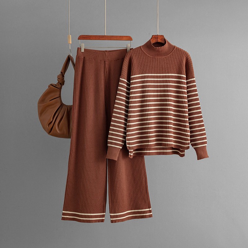 Boutique Wholesale 2024 Autumn New Fashion Striped Slit Long Sleeved Knitted Shirt Wide Leg Pants Women's Set