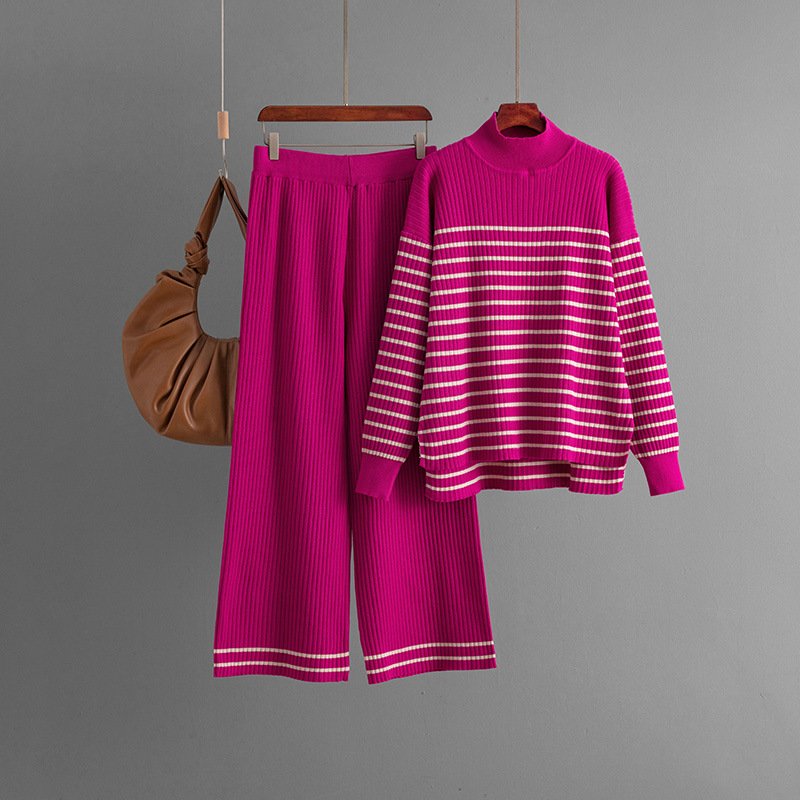 Boutique Wholesale 2024 Autumn New Fashion Striped Slit Long Sleeved Knitted Shirt Wide Leg Pants Women's Set