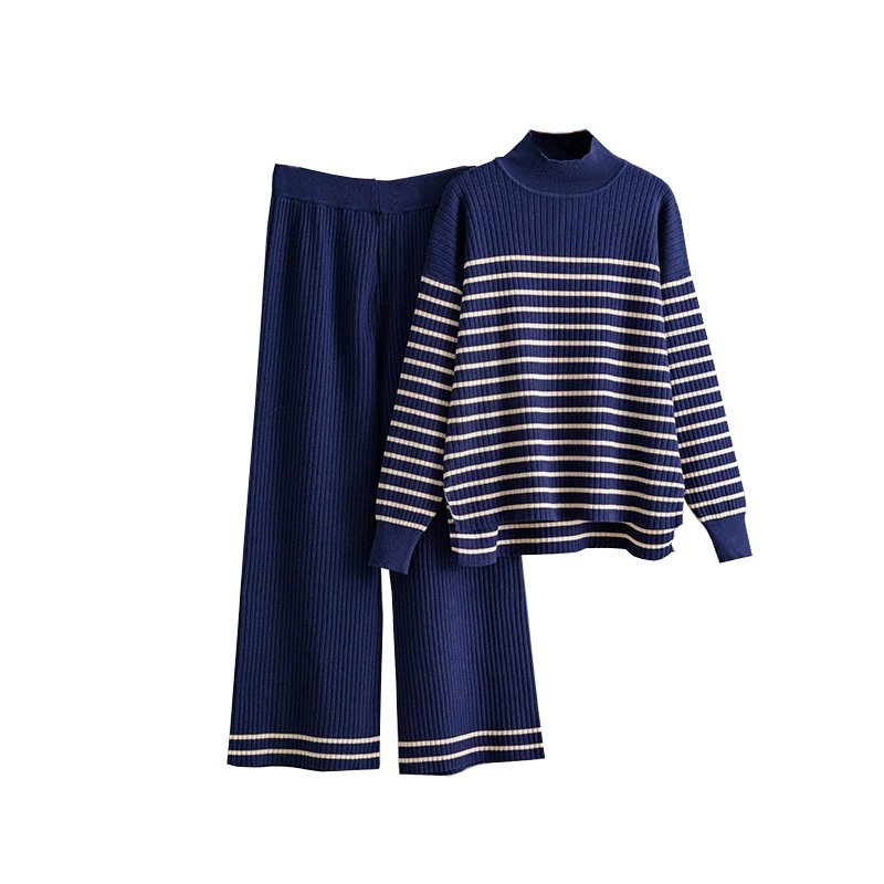 Boutique Wholesale 2024 Autumn New Fashion Striped Slit Long Sleeved Knitted Shirt Wide Leg Pants Women's Set