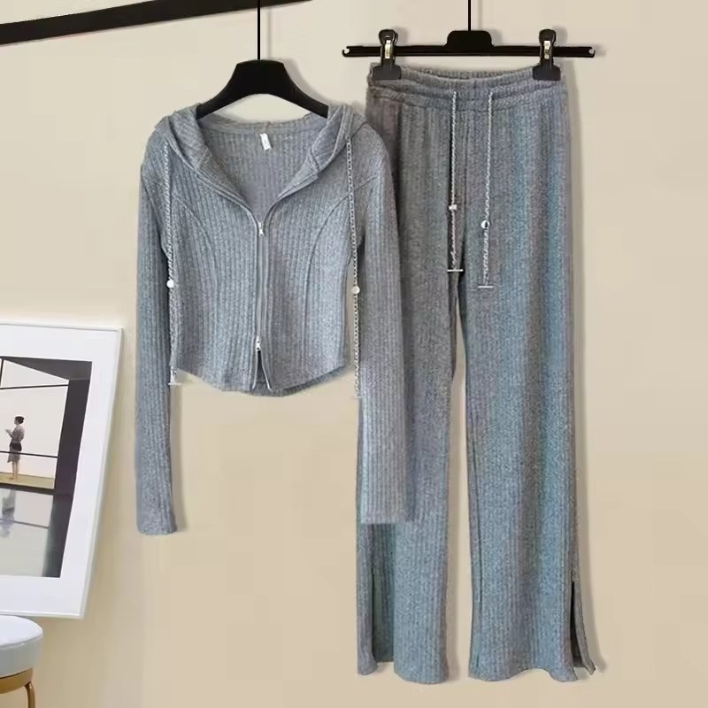Boutique Wholesale Autumn New Knitted Cardigan Long Sleeve Round Neck Colored Casual Pants Women's Set