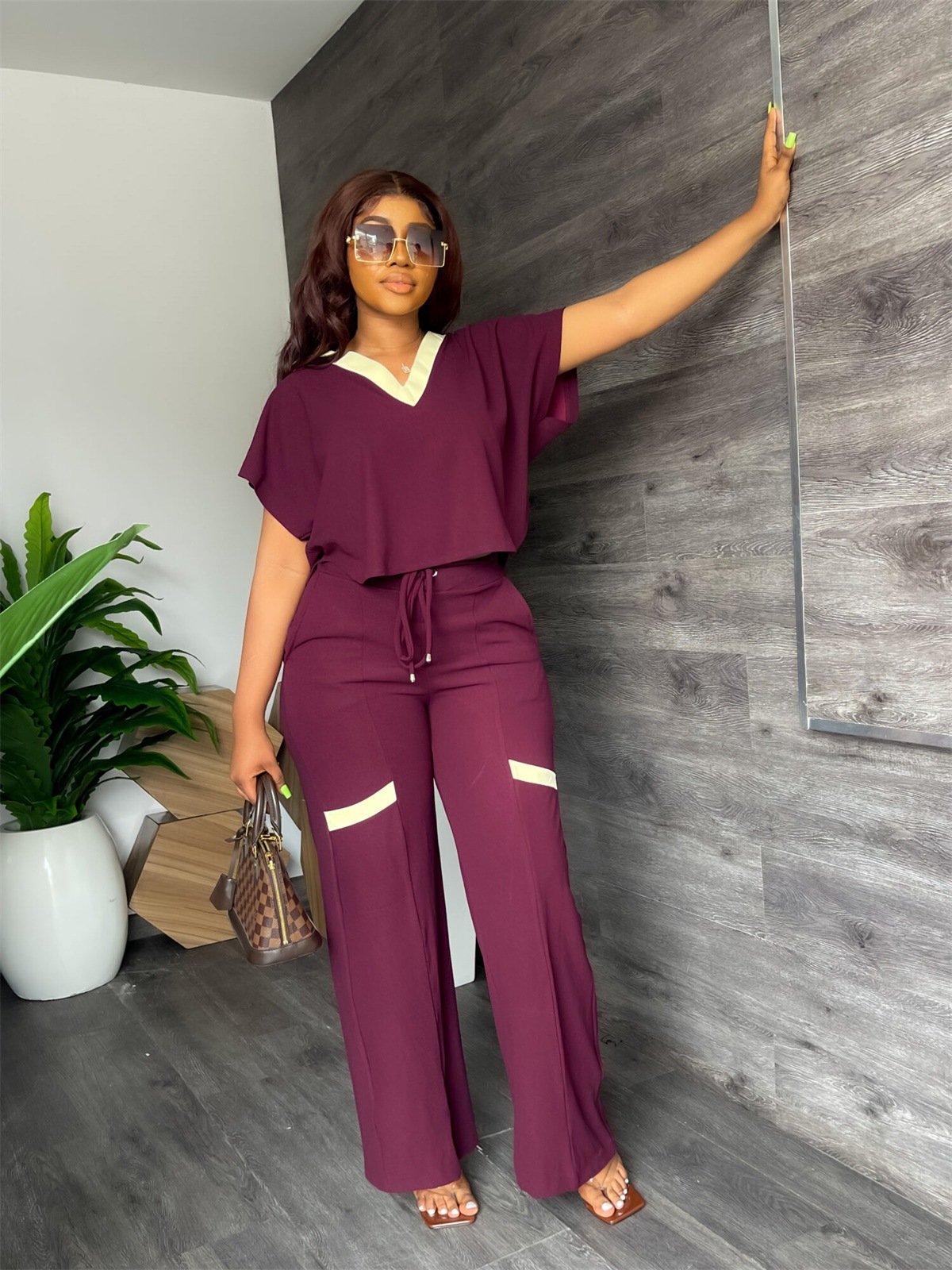 2024 Women 2 Piece suit Ladies Short Sleeve Shirt High Waist Wide Leg Pants Set