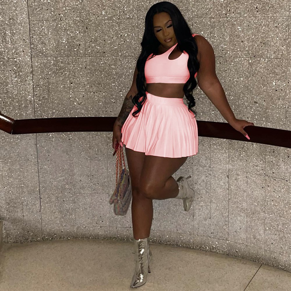 2024 Ready to ship summer S-3XL boutique fashion clothing two piece mini pleated skirt set