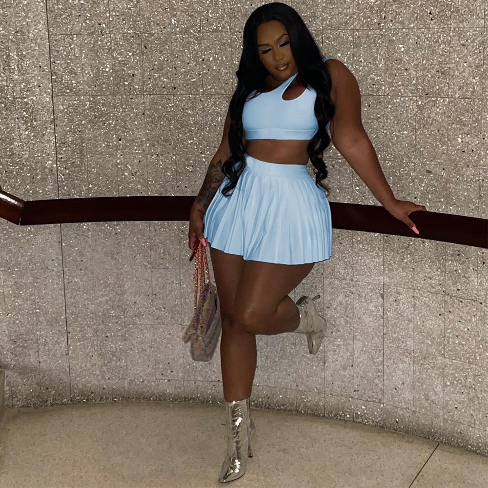 2024 Ready to ship summer S-3XL boutique fashion clothing two piece mini pleated skirt set