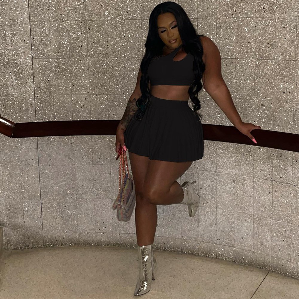 2024 Ready to ship summer S-3XL boutique fashion clothing two piece mini pleated skirt set