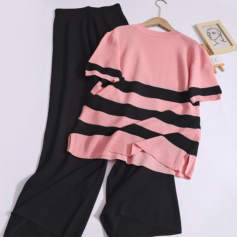 Wholesale 2024 Summer New Fashion Striped Round Neck Short Sleeve Split Knitted Shirt High Waist Wide Leg Pants Women's Set