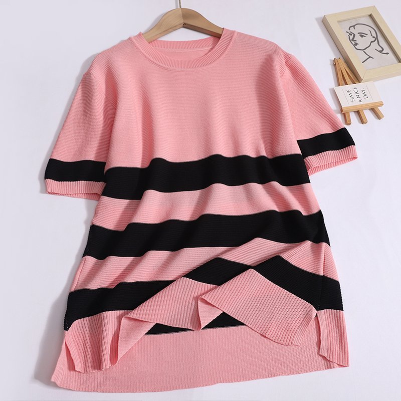 Wholesale 2024 Summer New Fashion Striped Round Neck Short Sleeve Split Knitted Shirt High Waist Wide Leg Pants Women's Set