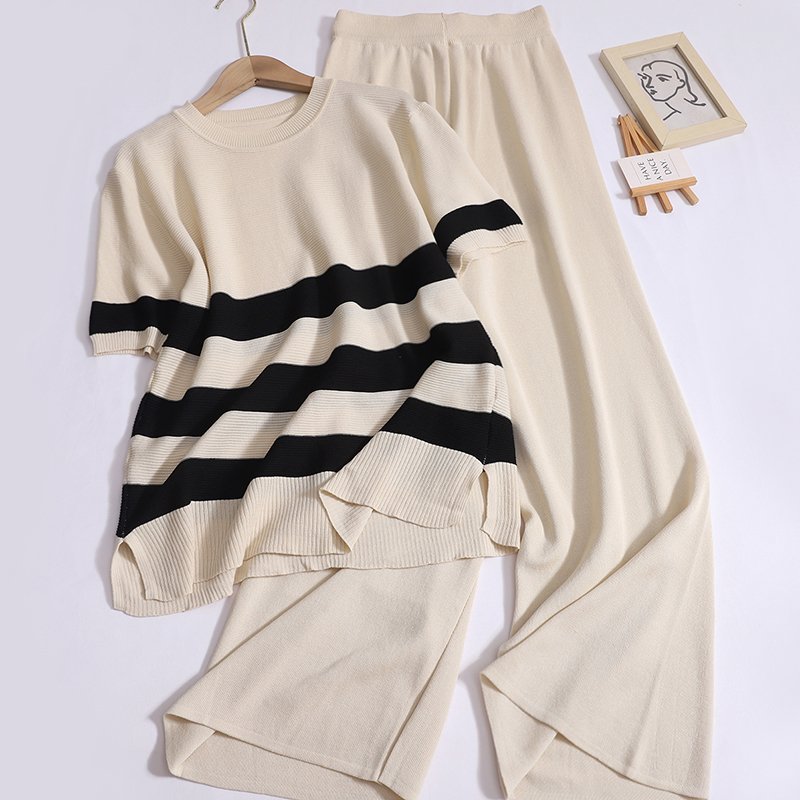 Wholesale 2024 Summer New Fashion Striped Round Neck Short Sleeve Split Knitted Shirt High Waist Wide Leg Pants Women's Set