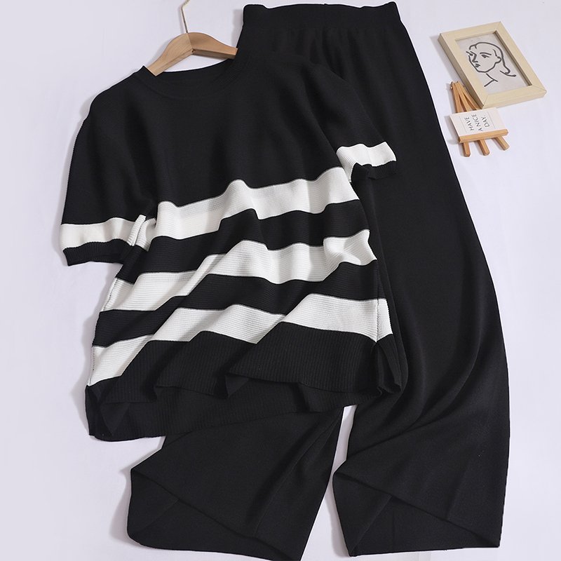 Wholesale 2024 Summer New Fashion Striped Round Neck Short Sleeve Split Knitted Shirt High Waist Wide Leg Pants Women's Set