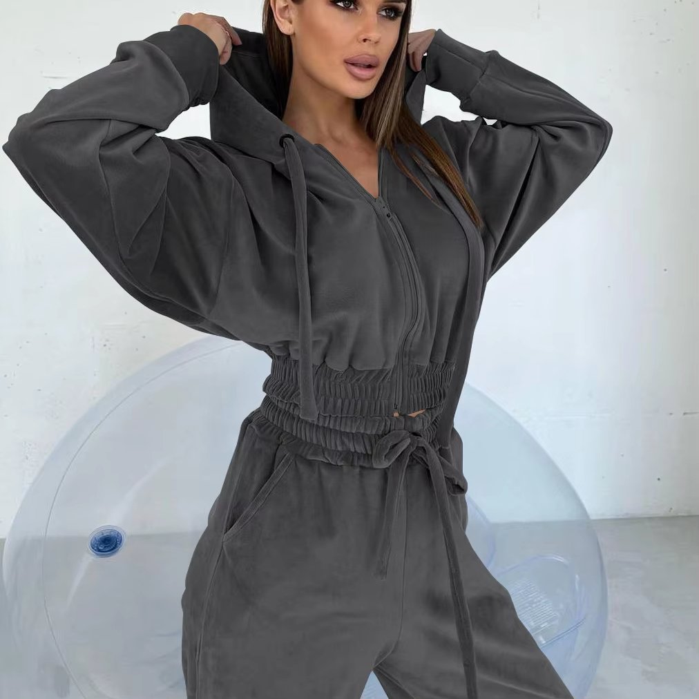 women's sets women's pure color hooded casual zipper sports suit suede outer pants two-piece suit two piece set women clothing