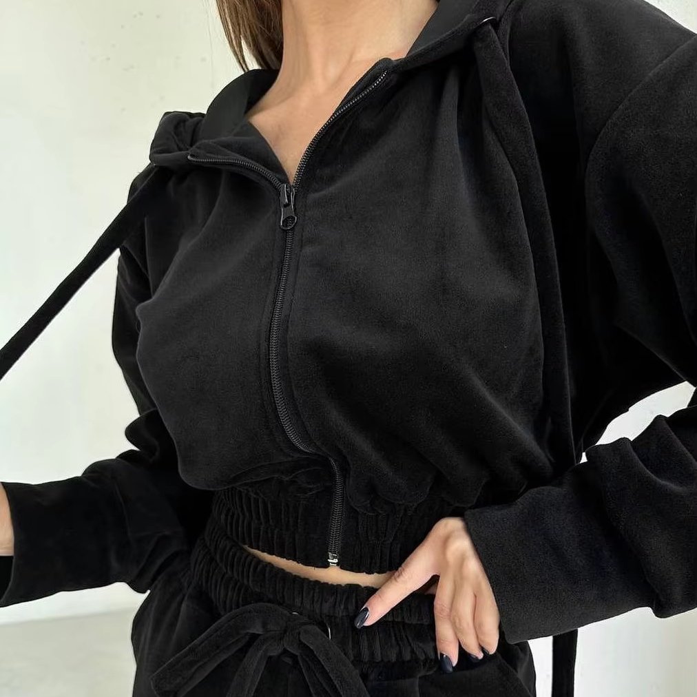 women's sets women's pure color hooded casual zipper sports suit suede outer pants two-piece suit two piece set women clothing