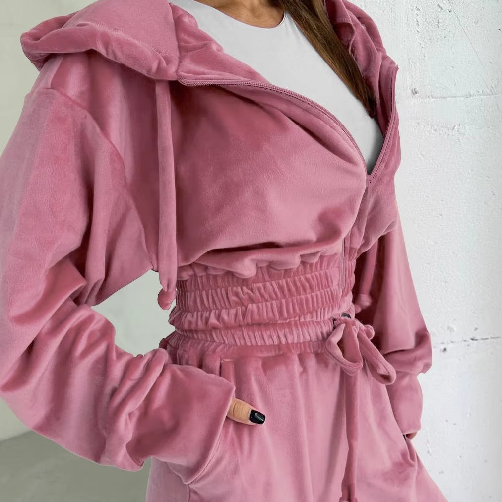 women's sets women's pure color hooded casual zipper sports suit suede outer pants two-piece suit two piece set women clothing