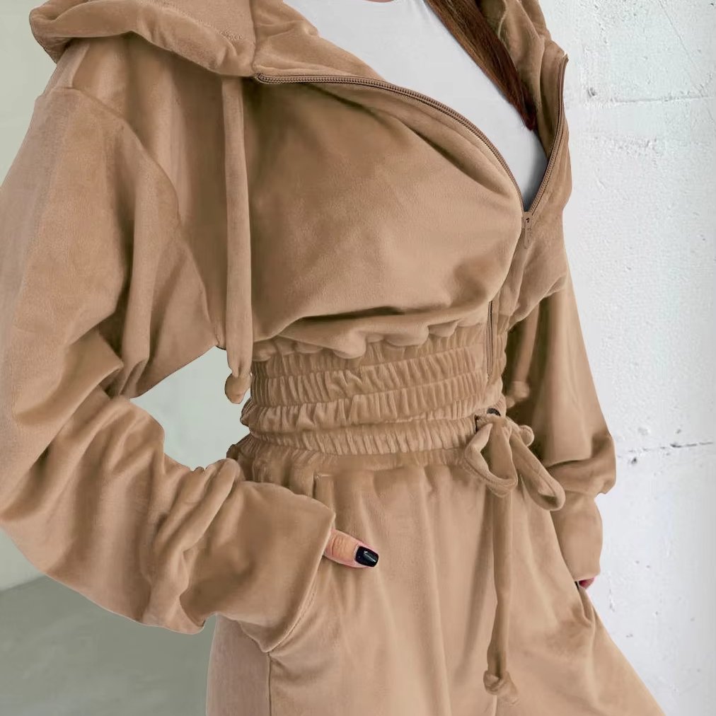 women's sets women's pure color hooded casual zipper sports suit suede outer pants two-piece suit two piece set women clothing
