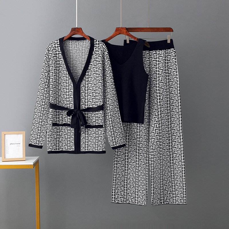 Women's Casual Winter Autumn Three Piece Set Knitted Long Sleeved Blazer Coat Tank Wide Leg Pants Wholesale Sweater Outfit