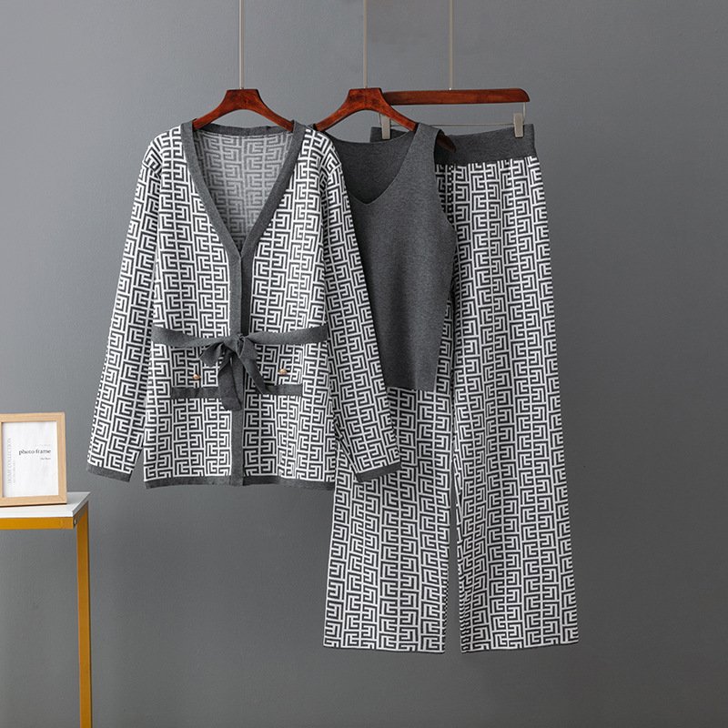 Women's Casual Winter Autumn Three Piece Set Knitted Long Sleeved Blazer Coat Tank Wide Leg Pants Wholesale Sweater Outfit