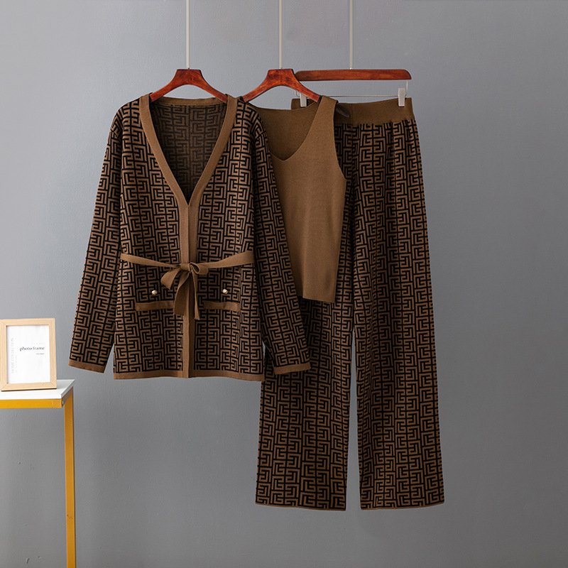 Women's Casual Winter Autumn Three Piece Set Knitted Long Sleeved Blazer Coat Tank Wide Leg Pants Wholesale Sweater Outfit