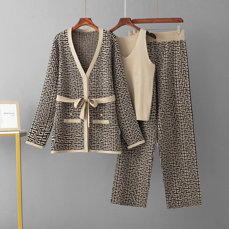 Women's Casual Winter Autumn Three Piece Set Knitted Long Sleeved Blazer Coat Tank Wide Leg Pants Wholesale Sweater Outfit