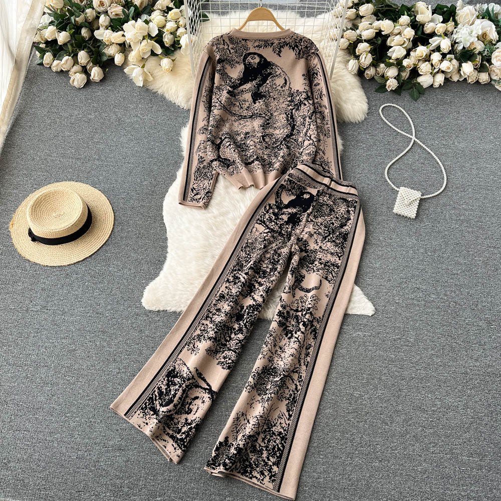 LE4212 Autumn And Winter New Atmosphere Knit Printed Suit Women'S Crew-Neck Sweater + Wide-Leg Trousers Two-Piece Set