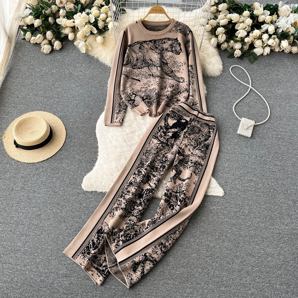 LE4212 Autumn And Winter New Atmosphere Knit Printed Suit Women'S Crew-Neck Sweater + Wide-Leg Trousers Two-Piece Set