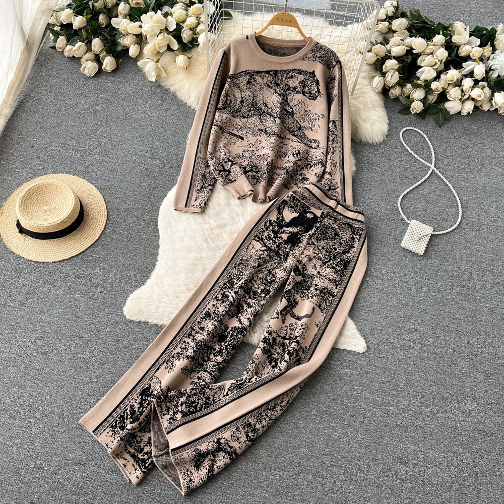 LE4212 Autumn And Winter New Atmosphere Knit Printed Suit Women'S Crew-Neck Sweater + Wide-Leg Trousers Two-Piece Set
