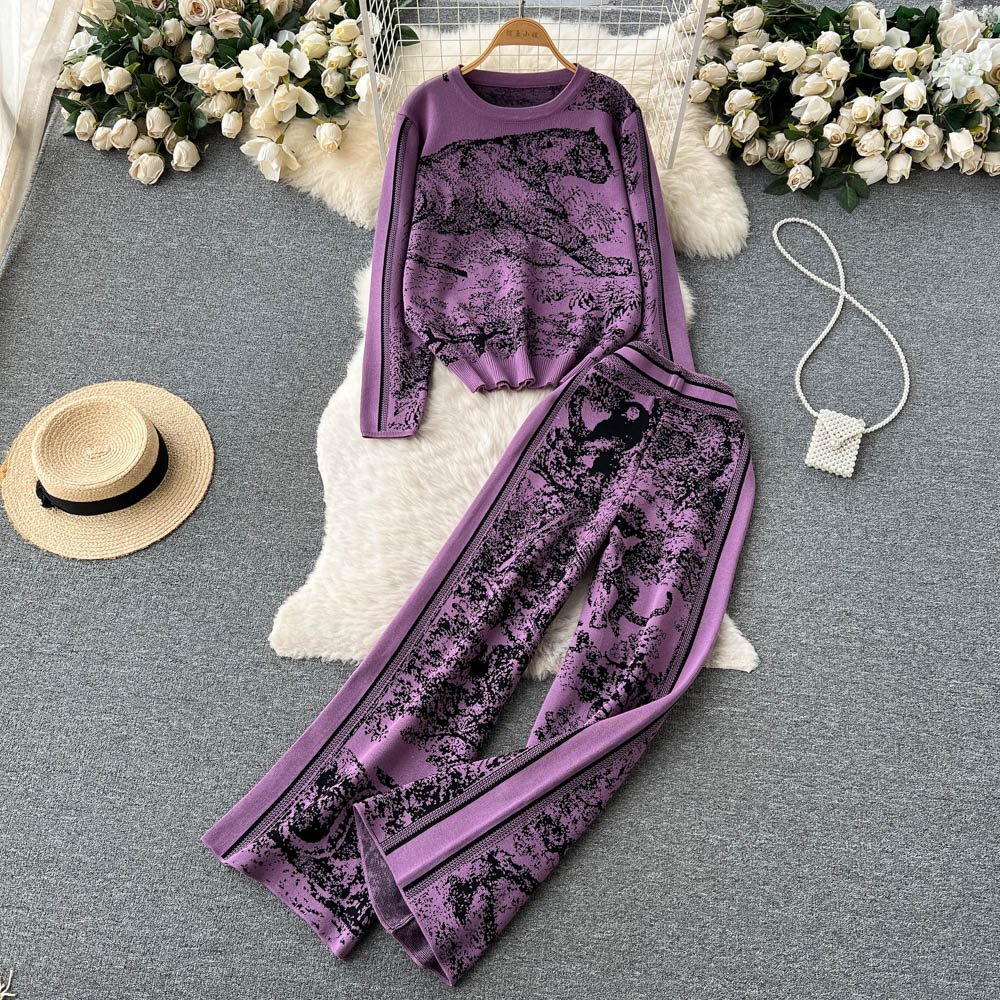 LE4212 Autumn And Winter New Atmosphere Knit Printed Suit Women'S Crew-Neck Sweater + Wide-Leg Trousers Two-Piece Set