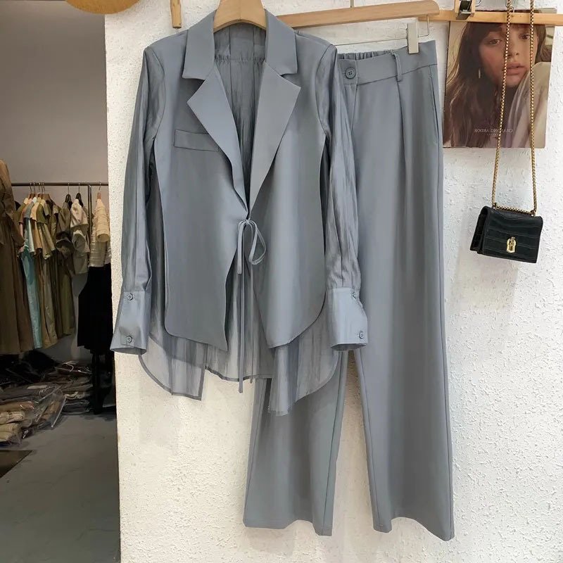 Wholesale 2023 Summer New Causal Loose Style Lace Up Shirt Top Straight Sleeve Suit Wide Leg Pants Two Piece Women's Set