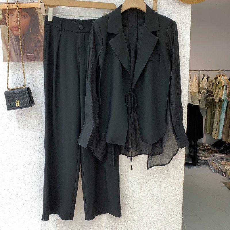 Wholesale 2023 Summer New Causal Loose Style Lace Up Shirt Top Straight Sleeve Suit Wide Leg Pants Two Piece Women's Set