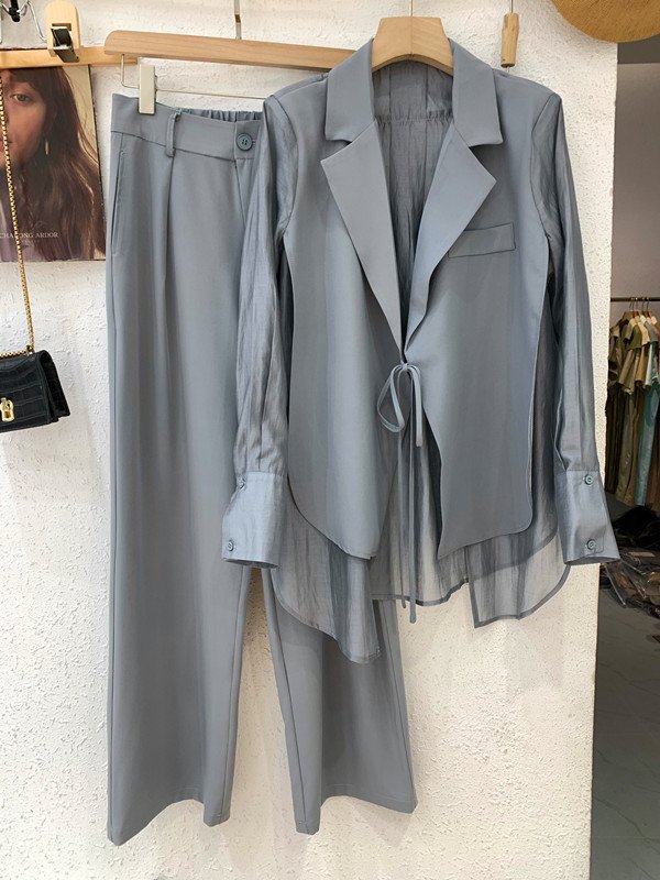 Wholesale 2023 Summer New Causal Loose Style Lace Up Shirt Top Straight Sleeve Suit Wide Leg Pants Two Piece Women's Set