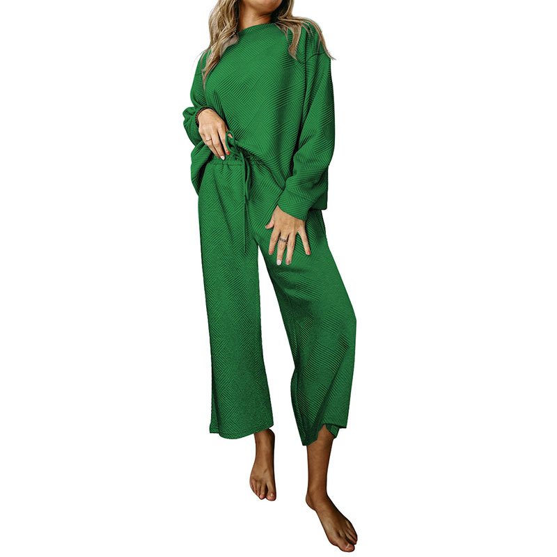 Women set Simple Solid Color Casual Autumn Texture Drawstring New Loose Women 2 piece set Sportswear with Textured Tops pants
