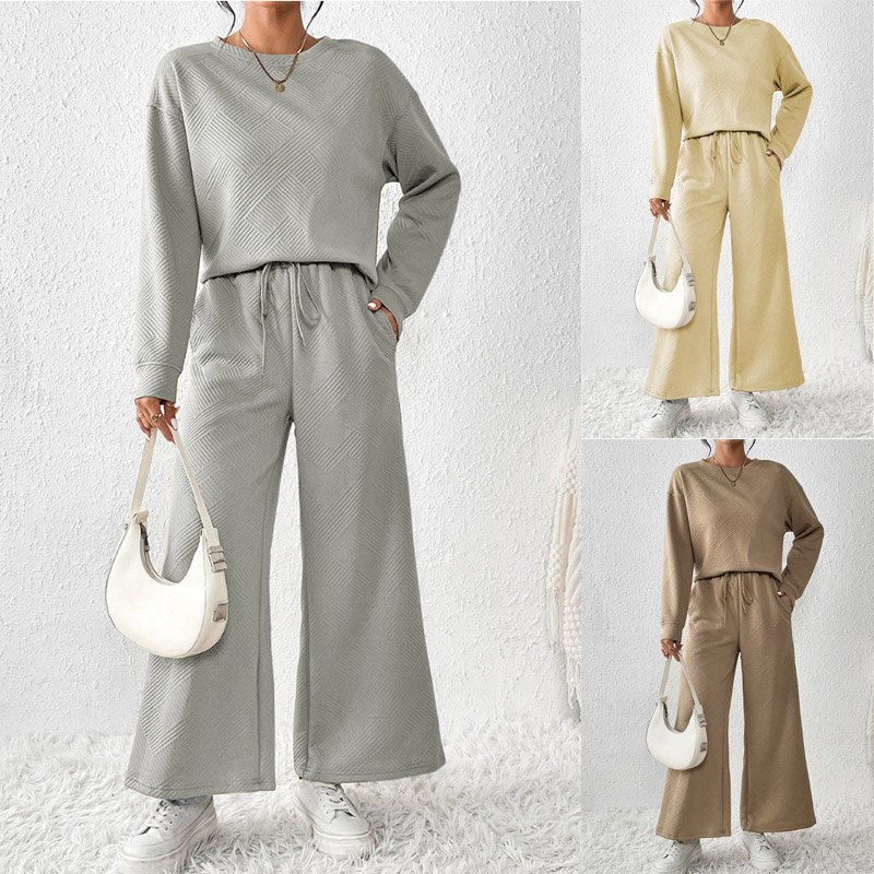 Women set Simple Solid Color Casual Autumn Texture Drawstring New Loose Women 2 piece set Sportswear with Textured Tops pants