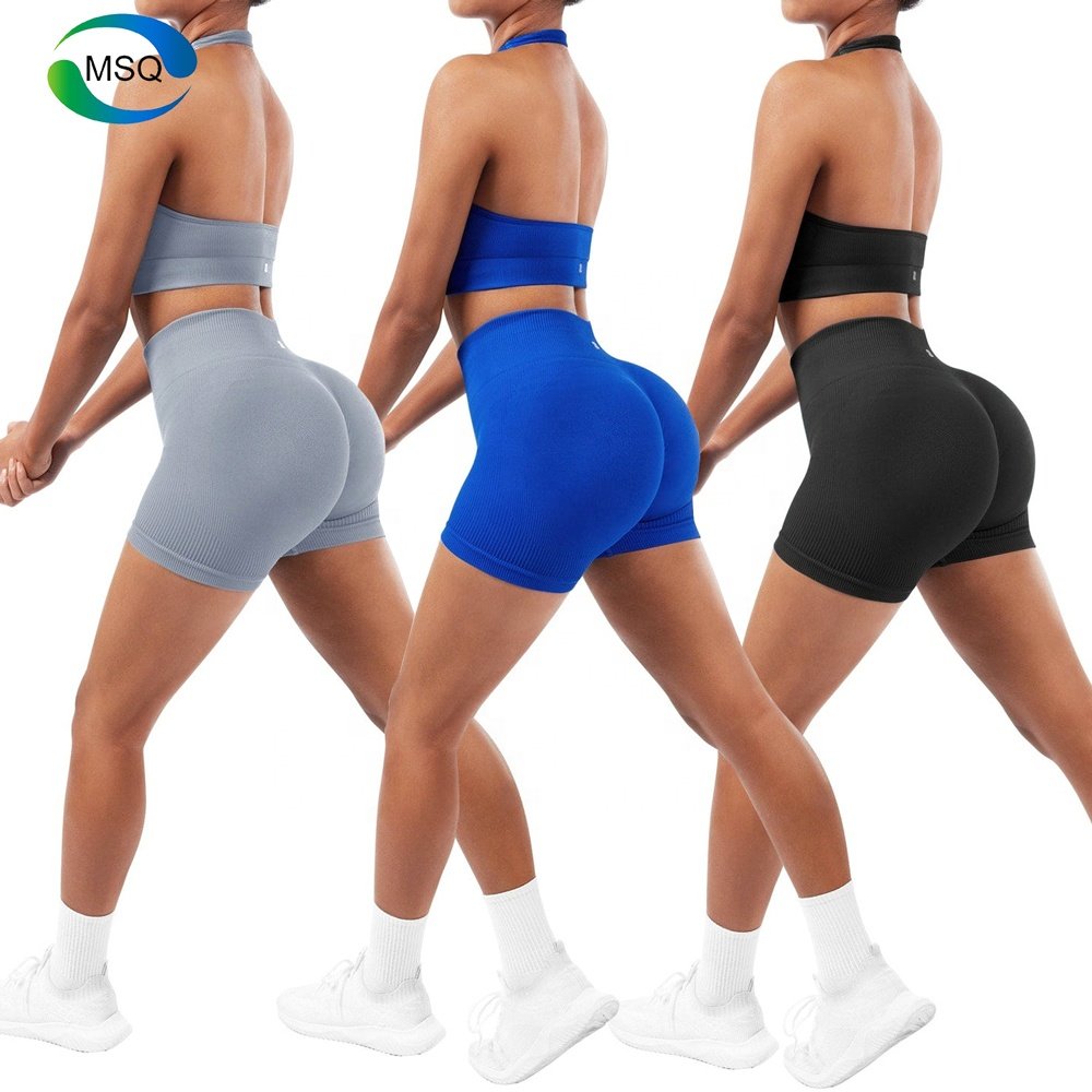Women sets Ribbed Halter straps two piece short set women top bras gym fitness workout scrunch butt shorts activewear set