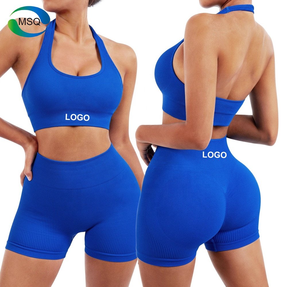 Women sets Ribbed Halter straps two piece short set women top bras gym fitness workout scrunch butt shorts activewear set