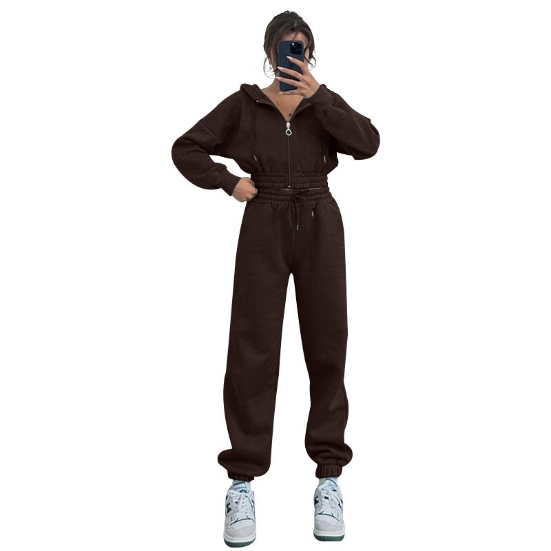 Wholesale 2025 Hooded Zipper Waist Winter Sweatshirt For Women Clothing Fashion Custom Casual Sports Suit Two Piece Set