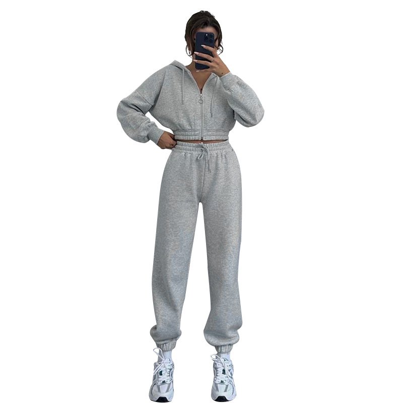 Wholesale 2025 Hooded Zipper Waist Winter Sweatshirt For Women Clothing Fashion Custom Casual Sports Suit Two Piece Set